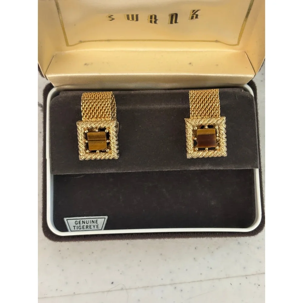 Vintage Swank Tiger Eye Cufflinks + MOP Cufflinks 2 Pair Lot NOS Box